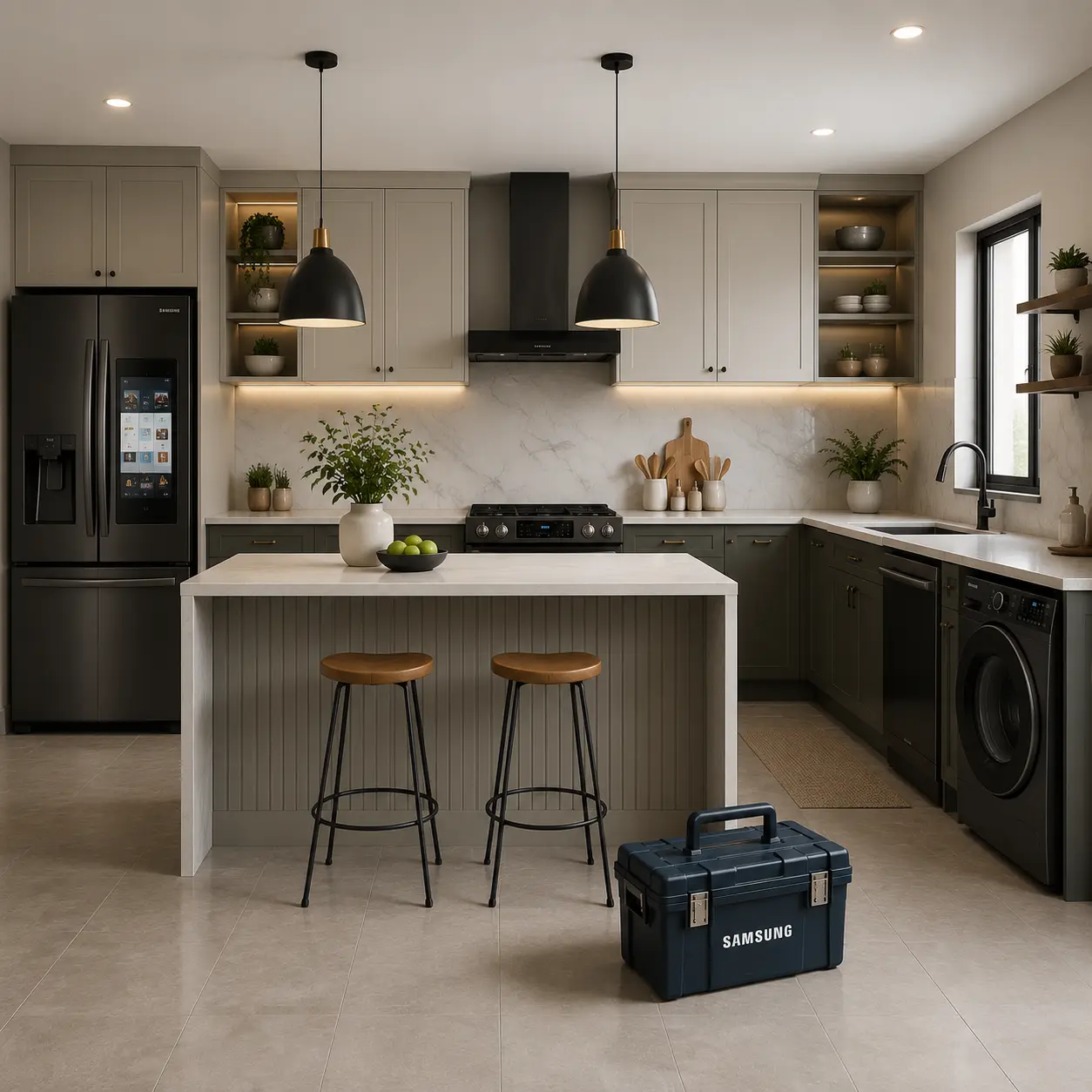 Samsung refrigerator, cooker and washing machine in a modern kitchen with a service toolkit