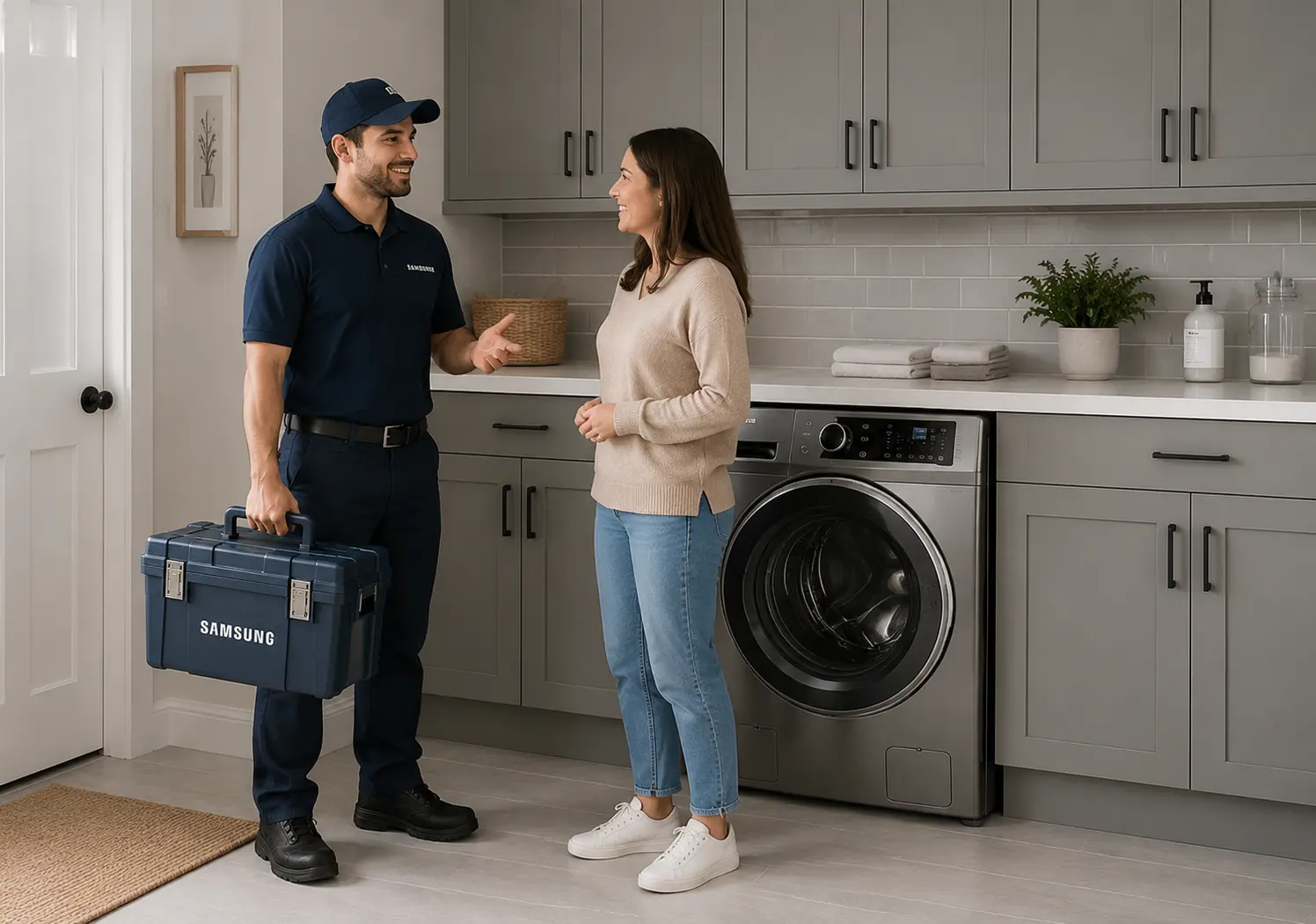 Samsung engineer talking a customer through a front-load washing machine repair